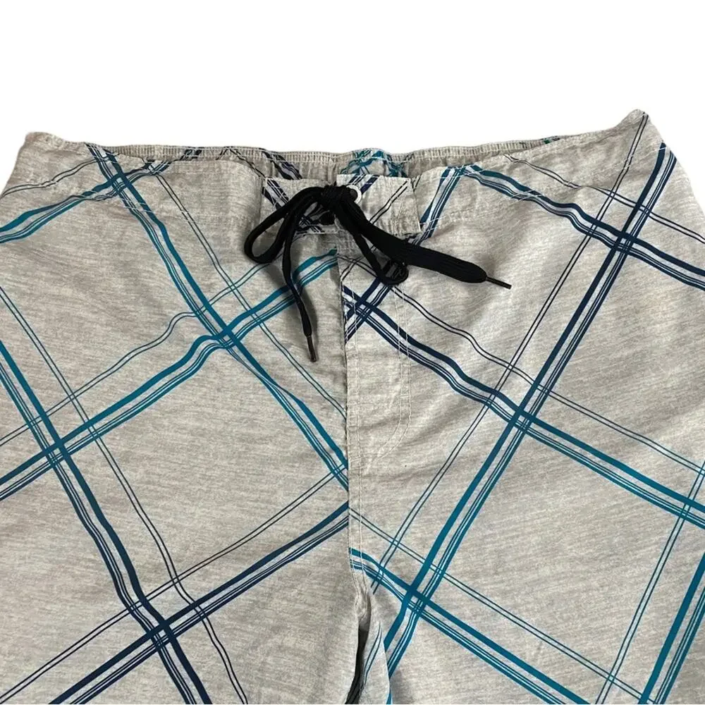 OP Ocean Pacific Swim Trunks Gray Teal Plaid Board Shorts Mens XL 40 42 Surf